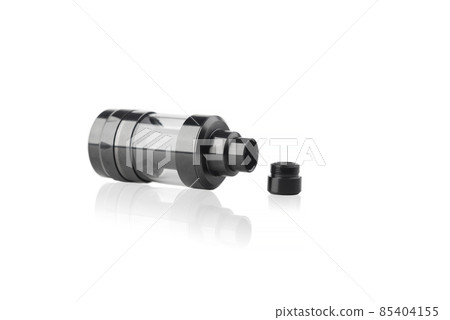 Electronic cigarette on a background of vape shop. E-cigarette for vaping. Electronic cigarette on a background of vape shop. E-cigarette for vaping. 85404155