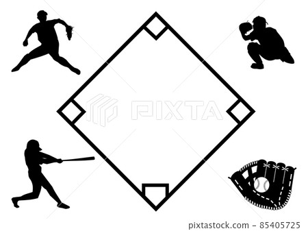 [Baseball] Silhouette frame of players, balls and gloves 85405725