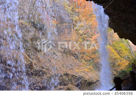 Autumn leaves visible beyond the water screen 85406398