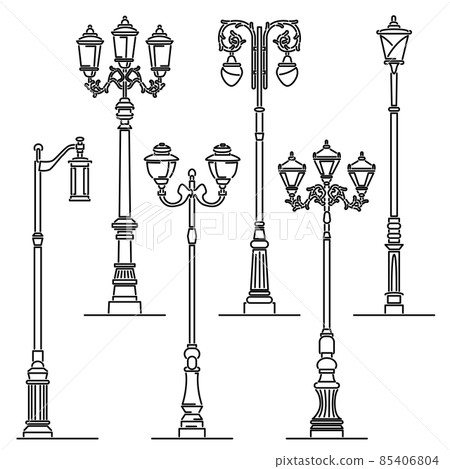 Set of simple vector images of vintage artistic decorative lamppost in art line style. Set of simple vector images of vintage artistic decorative lamppost in art line style. 85406804