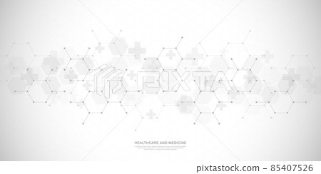 Healthcare medical background with hexagons pattern and crosses. Vector illustration for health care and medicine design, pharmaceutical manufacturing, and industry. Healthcare medical background with hexagons pattern and crosses. Vector illustration for health care and medicine design, pharmaceutical manufacturing, and industry. 85407526