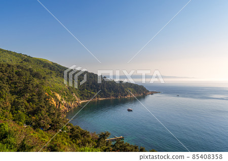 View from the top of mountains of Buyukada island, Marmara Sea, Istanbul, Turkey, with green woods, calm sea, and clear sky at sunset View from the top of mountains of Buyukada island, Marmara Sea, Istanbul, Turkey, with green woods, calm sea, and clear sky at sunset 85408358