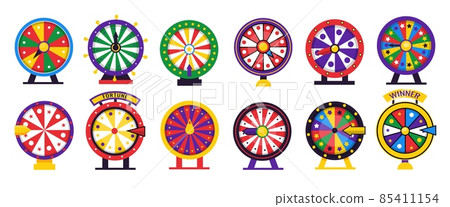 Roulette wheel. Spin fortune game. Cartoon casino lottery machine for winning prize or lose. Turn gamble circles with arrows and sectors. Vector lucky gambling rotate equipment set 85411154