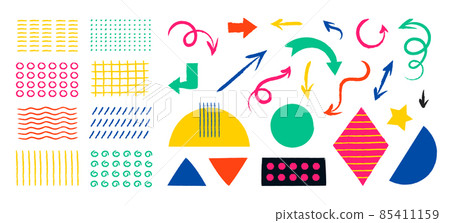 Abstract doodle shapes. Primitive sketch of arrow pointers. Minimalistic textures and banner geometric figures. Direction line symbols. Vector hand drawn isolated colorful elements set Abstract doodle shapes. Primitive sketch of arrow pointers. Minimalistic textures and banner geometric figures. Direction line symbols. Vector hand drawn isolated colorful elements set 85411159