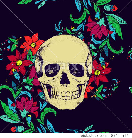 Seamless pattern with flowers and skull on green background. Seamless pattern with flowers and skull on green background. 85411515