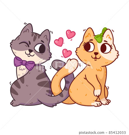Cats fall in love and knot their tails. 14 February postcard with domestic animals. Romantic Valentines Day greeting card of kitties. Flyers, invitation, print. Vector illustration isolated on white. 85412033