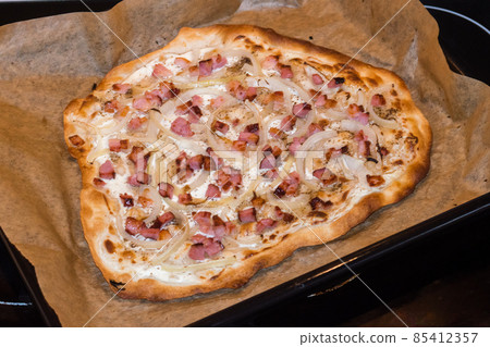 View for hot traditional flammkuchen. View for hot traditional flammkuchen. 85412357