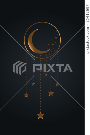 Moon and stars Icon, Boho Witch and Magic symbol. mystic art sign, gold luxury emblem. Vector illustration isolated on black background, Flat style for graphic and web design, logo, sticker, tattoo Moon and stars Icon, Boho Witch and Magic symbol. mystic art sign, gold luxury emblem. Vector illustration isolated on black background, Flat style for graphic and web design, logo, sticker, tattoo 85412697