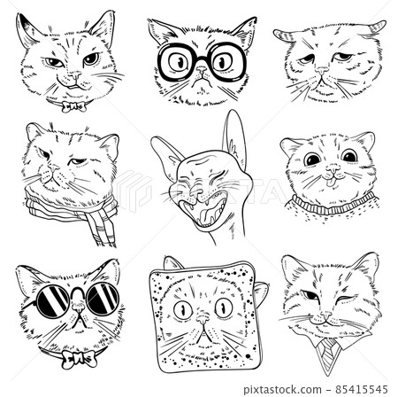 Cat portrait drawing. Black and white cartoon characters. Set 85415545