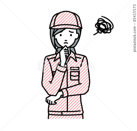 A female worker who is in trouble standing and putting her hand on her chin 85415573
