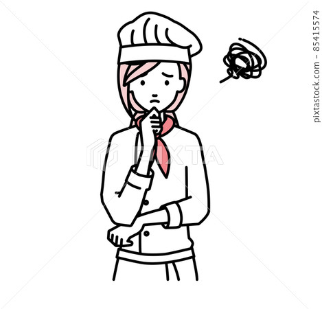 A cook woman who is in trouble standing and putting her hand on her chin A cook woman who is in trouble standing and putting her hand on her chin 85415574