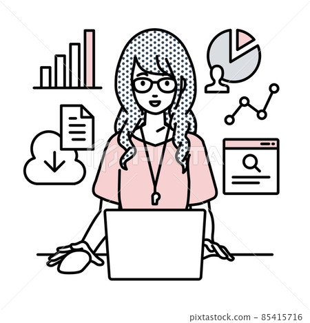 A female teacher sitting at a desk, opening a PC for research, analyzing data and compiling reports A female teacher sitting at a desk, opening a PC for research, analyzing data and compiling reports 85415716