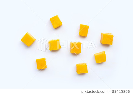 Tropical fruit, Mango cube slices on white background. 85415806