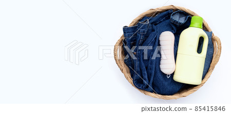 Blue jeans in laundry basket Blue jeans in laundry basket 85415846