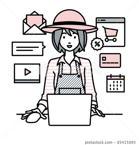 A farmer woman sitting at a desk and doing an online shop or marketing job on a PC 85415893