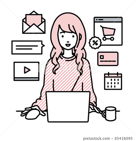A remote work woman sitting at a desk and doing an online shop or marketing job on a PC 85416095