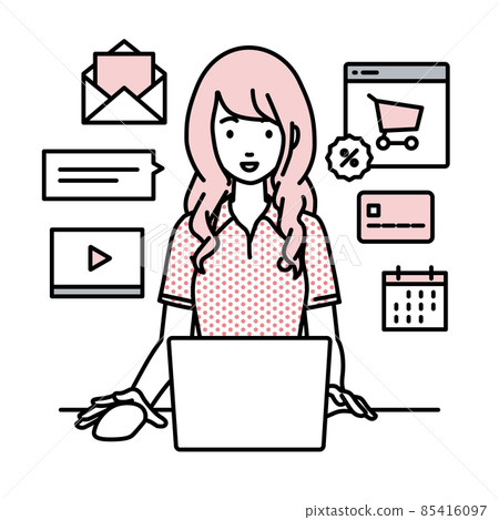 A woman in a polo shirt sitting at a desk and doing an online shop or marketing job on a PC 85416097