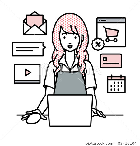 A female cafe clerk sitting at a desk and doing an online shop or marketing job on a PC A female cafe clerk sitting at a desk and doing an online shop or marketing job on a PC 85416104