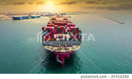 Aerial view container cargo ship, import export commerce business trade logistic and transportation of International by container cargo ship boat in the open sea, Freight shipping maritime. Aerial view container cargo ship, import export commerce business trade logistic and transportation of International by container cargo ship boat in the open sea, Freight shipping maritime. 85418268