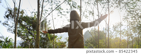 Woman hiker in sunrise forest moutnain top Woman hiker in sunrise forest moutnain top 85422345