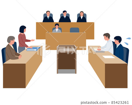 在審判中被女律師追捕的男性被告、律師和法官的矢量圖 在審判中被女律師追捕的男性被告、律師和法官的矢量圖 85423261