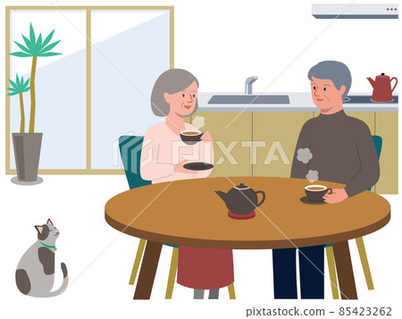 一對老夫婦在家裡的廚房餐桌上與朋友喝茶的矢量圖 一對老夫婦在家裡的廚房餐桌上與朋友喝茶的矢量圖 85423262