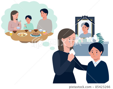 母親和孩子在回憶父親去世並在一個家庭中流淚的矢量插圖 母親和孩子在回憶父親去世並在一個家庭中流淚的矢量插圖 85423266