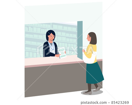 一位女藥劑師給一位女性在配藥藥房接受藥物處方的矢量圖 85423269