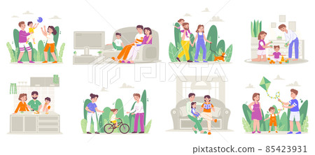 Happy parenting, parents and children daily activities, family scenes. Young family, mother, father and kids spend time together vector illustration set. Family leisure 85423931