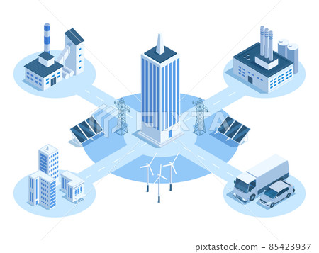 Isometric factory industrial facilities, buildings complex. Industrial plant electricity resource supply and communication system vector illustration. Factory buildings grid 85423937