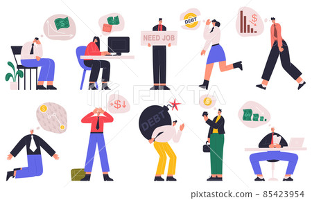 Business financial trouble, bankruptcy, ratings drop, leadership crisis. Sad characters with business problems vector illustration set. Financial failure company employee 85423954