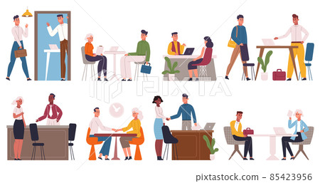 Job interview, recruitment and hiring process. Company hr workers talking to job seekers vector illustration set. Business job interview scenes Job interview, recruitment and hiring process. Company hr workers talking to job seekers vector illustration set. Business job interview scenes 85423956