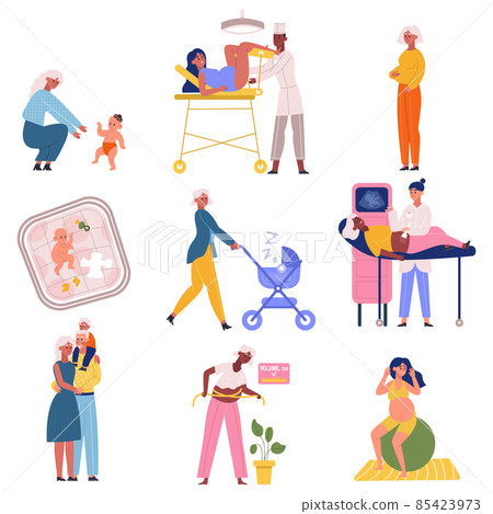 Pregnancy and childbirth scenes, young parents daily activities. Motherhood and newborn baby daily activity vector illustration set. Maternity, parenting scenes Pregnancy and childbirth scenes, young parents daily activities. Motherhood and newborn baby daily activity vector illustration set. Maternity, parenting scenes 85423973