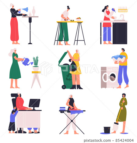 Housewife doing housework, cooking, vacuuming and cleaning. Housewives cleaning house and washing dishes vector illustration set. Woman housewife does housework 85424004