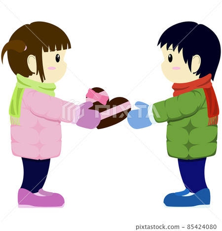 Illustration of a girl giving chocolate to a boy Illustration of a girl giving chocolate to a boy 85424080