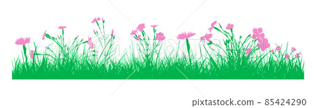 Silhouette of green grass and pink flowers. Beautiful meadow with flying butterflies. Vector illustration Silhouette of green grass and pink flowers. Beautiful meadow with flying butterflies. Vector illustration 85424290