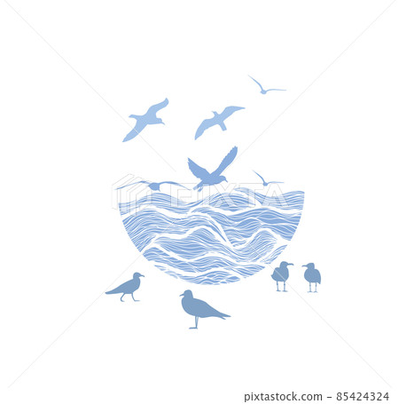 Abstract design of ocean logo with waves and seagulls. Vector illustration Abstract design of ocean logo with waves and seagulls. Vector illustration 85424324