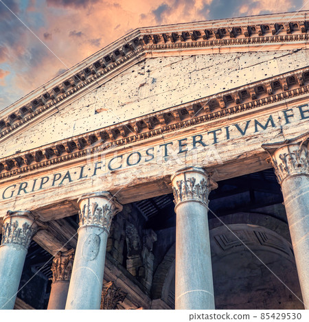 Pantheon architectural details in Rome, Italy with dramatic clouds Pantheon architectural details in Rome, Italy with dramatic clouds 85429530