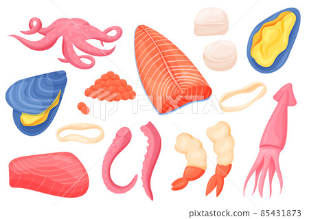 Seafood ingredients. Cartoon tuna fillet and steak, shrimps squid and octopus restaurant ingredients. Vector isolated set illustrations collection fresh meals foods 85431873