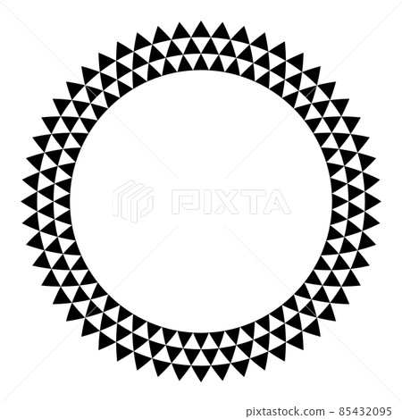 Circle frame with triangle pattern. Three rows of black triangles, creating a round border, with serrated and triangle checkered pattern. Isolated, black and white illustration, on white background. Circle frame with triangle pattern. Three rows of black triangles, creating a round border, with serrated and triangle checkered pattern. Isolated, black and white illustration, on white background. 85432095