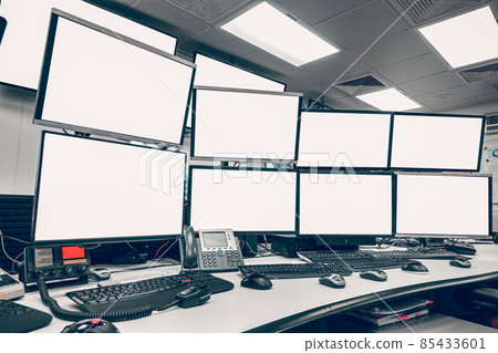group of blank monitors and screen on security desk or control room for monitor process or stock data trading 85433601