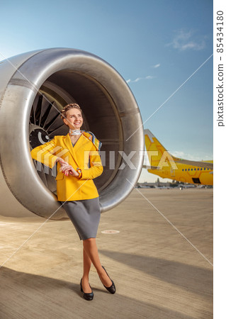 Cheerful stewardess standing near airplane engine at airfield Cheerful stewardess standing near airplane engine at airfield 85434180