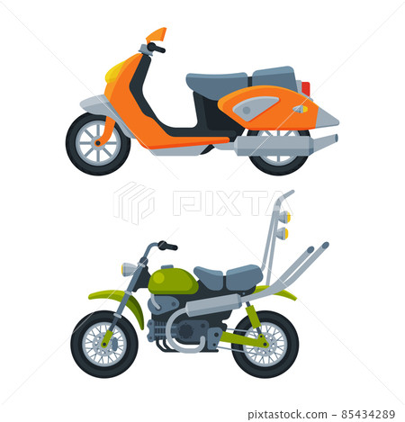 Motorcycle or Motorbike and Scooter as Two-wheeled Motor Vehicle Side View Vector Set 85434289