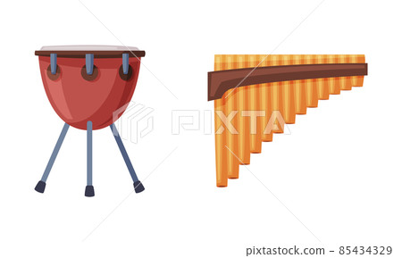 Pan Flute and Drum as Percussion and Woodwind Musical Instrument Vector Set 85434329