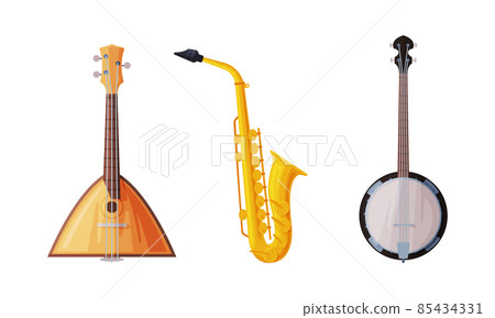 Balalaika and Saxophone as String and Wind Musical Instrument Vector Set 85434331