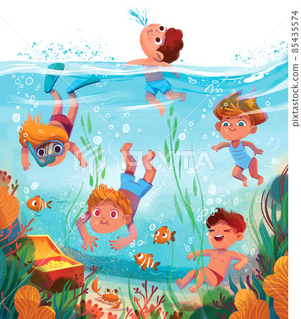 Children are engaged in diving. Kids found the treasure chest Children are engaged in diving. Kids found the treasure chest 85435574