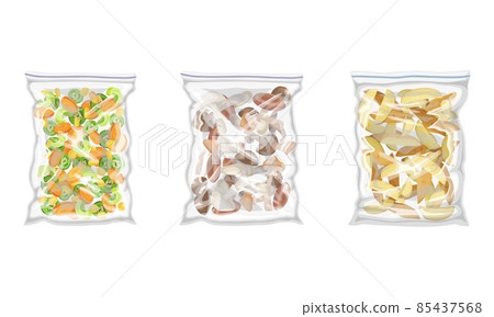 Frozen Mushrooms and Sliced Potato Prepackaged and Ready to Culinary Use Vector Set Frozen Mushrooms and Sliced Potato Prepackaged and Ready to Culinary Use Vector Set 85437568