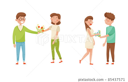 Young Man Giving Bouquet of Flowers to Happy Woman Vector Set Young Man Giving Bouquet of Flowers to Happy Woman Vector Set 85437571