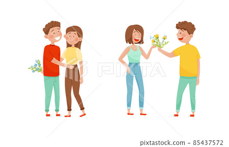 Young Man Giving Bouquet of Flowers to Happy Woman Vector Set Young Man Giving Bouquet of Flowers to Happy Woman Vector Set 85437572