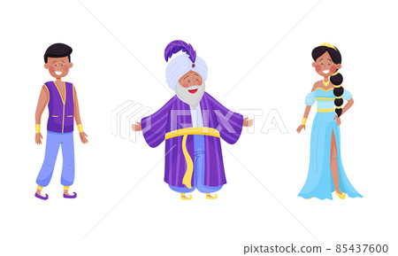 Arabian Fairy Tale Character with Arab Man and Woman Dressed in Fancy Apparel Vector Set Arabian Fairy Tale Character with Arab Man and Woman Dressed in Fancy Apparel Vector Set 85437600